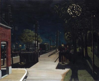 art oil painting reproduction of  Paul Delvaux Small Train Station At Night museum quality handmade