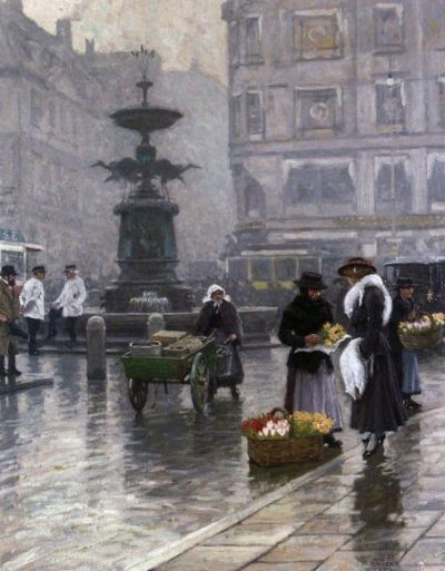 art oil painting reproduction of  Paul Fischer Storkespringvandet In Amagertorv Copenhagen museum quality handmade