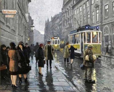 art oil painting reproduction of  Paul Gustave Fischer Tram A Bredgade Street Copenaghen 1920-1925 museum quality handmade