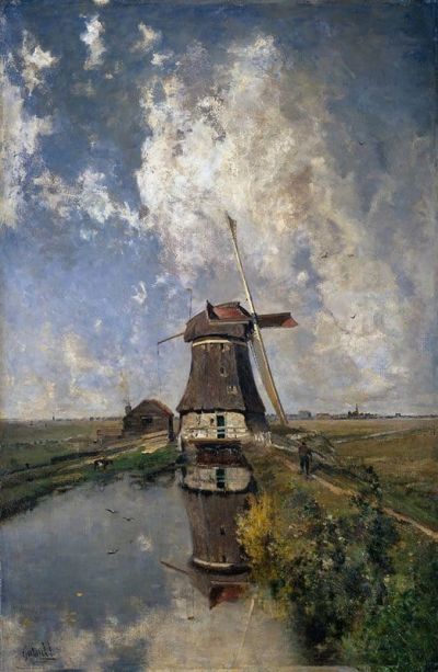 art oil painting reproduction of  Paul Joseph Constantin Gabriel A Windmill On A Polder Waterway Known As In The Month Of July - 1889 museum quality handmade
