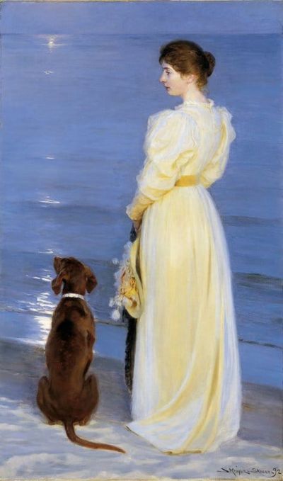 art oil painting reproduction of  Peder Severin Kroyer Summer Evening At Skagen - The Artist S Wife And Dog By The Shore - 1892 museum quality handmade