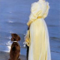 Peder Severin Kroyer Summer Evening At Skagen - The Artist S Wife And Dog By The Shore - 1892 Hand Painted Reproduction