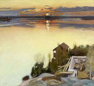 art oil painting reproduction of  Pekka Halonen. Sunset At Lake Tuusula 1902 museum quality handmade
