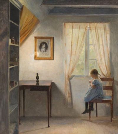art oil painting reproduction of  Peter Ilsted A Little Girl Sewing 1898-1902 museum quality handmade