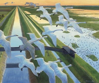 art oil painting reproduction of  Peter Markham Scott Swan Fall At Wellney 1972 museum quality handmade