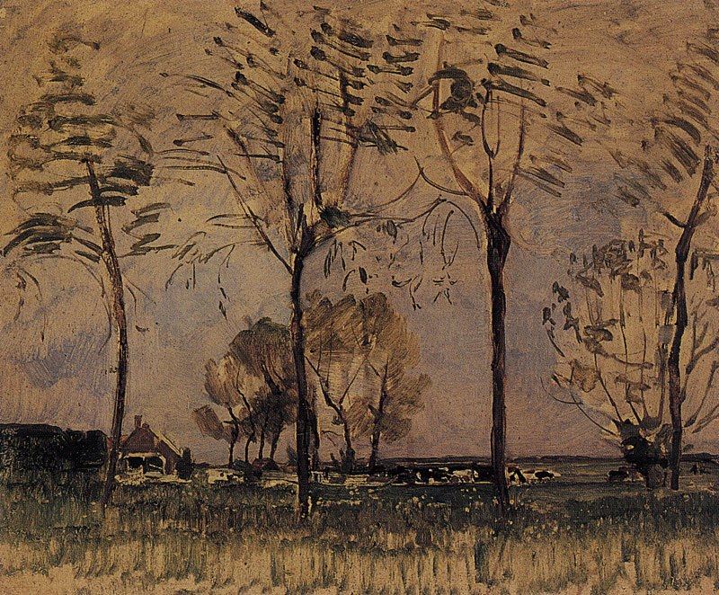 Piet Mondrian Farm Setting Four Tall Trees In The Foreground 1907 museum quality
