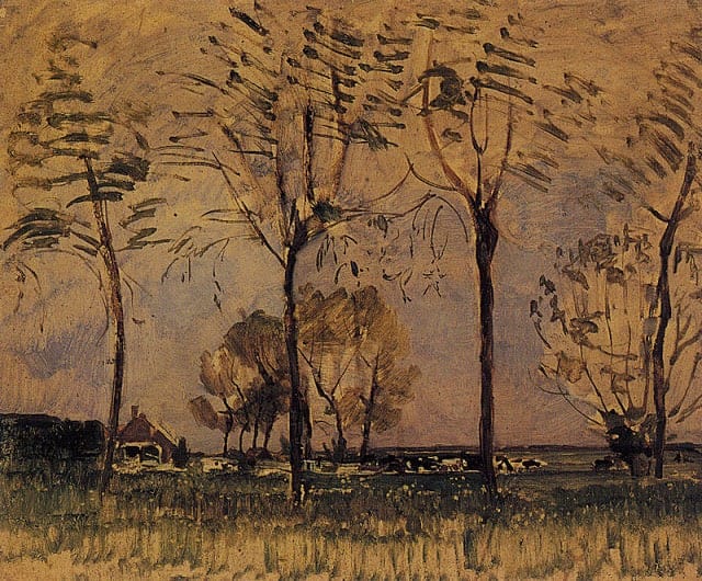 Piet Mondrian Farm Setting Four Tall Trees In The Foreground C. 1907 museum quality
