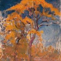 Piet Mondrian Two Trees With Orange Foliage Against Blue Sky 1908