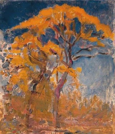 art oil painting reproduction of  Piet Mondrian Two Trees With Orange Foliage Against Blue Sky 1908 museum quality handmade