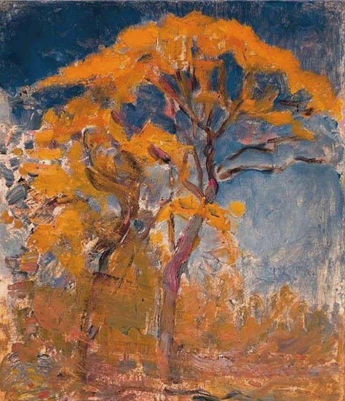 Piet Mondrian Two Trees With Orange Foliage Against Blue Sky 1908 museum quality