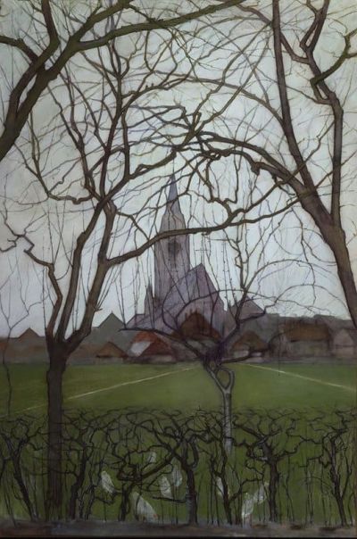 art oil painting reproduction of  Piet Mondrian Village Church C. 1898 museum quality handmade