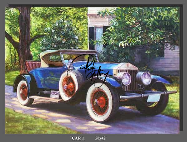 Portrait Painting Of Old Blue Car Hand Painted museum quality