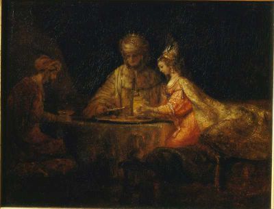 art oil painting reproduction of  Rembrandt Ahasuerus And Haman At The Feast Of Esther museum quality handmade