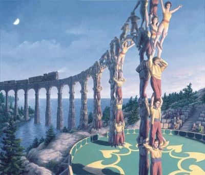 art oil painting reproduction of  Rob Gonsalves Acrobatic Engineering museum quality handmade