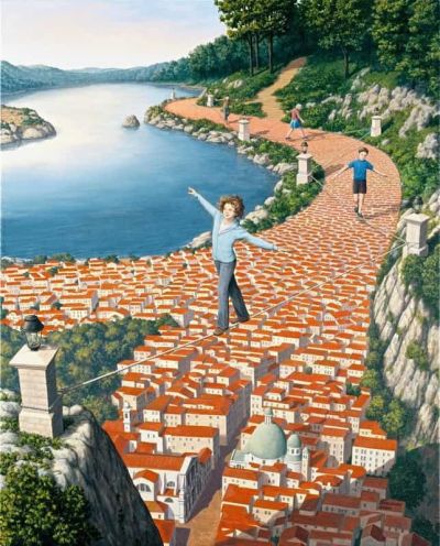 art oil painting reproduction of  Rob Gonsalves Aspiring Acrobats museum quality handmade