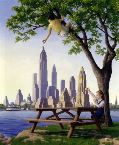 art oil painting reproduction of  Rob Gonsalves Table Top Towers museum quality handmade