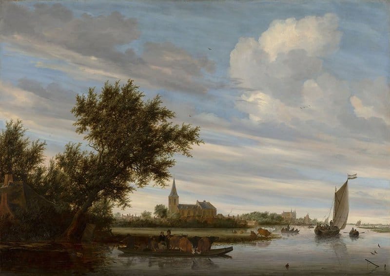 Salomon Van Ruysdael River View With Church And Ferry 1649 museum quality