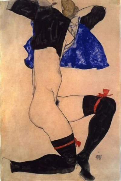 art oil painting reproduction of  Schiele - Semi-nude In Black Stockings And Red Garter By Egon Schiele museum quality handmade