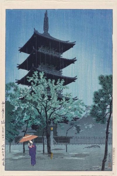 art oil painting reproduction of  Shiro Kasamatsu Evening Rain Yanaka Pagoda Tokyo 1932 museum quality handmade