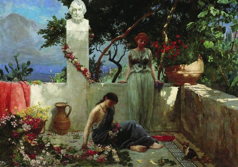 Siemiradzki Henryk Girls On The Terrace At The Bust Of Homer 1890 museum quality