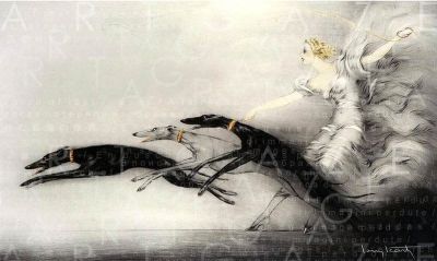 art oil painting reproduction of  Speed - An Art Deco Flapper Running With Greyhounds Louis Icart museum quality handmade