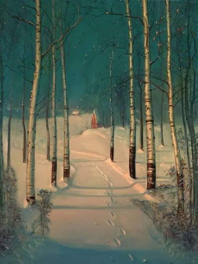 art oil painting reproduction of  Sven Svendsen Footprints In Snow By Birch Trees museum quality handmade