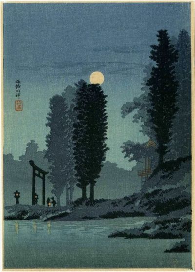 art oil painting reproduction of  Takahashi Shotei Moonrise At Tsukagoshi Myojin Shrine 1936 museum quality handmade