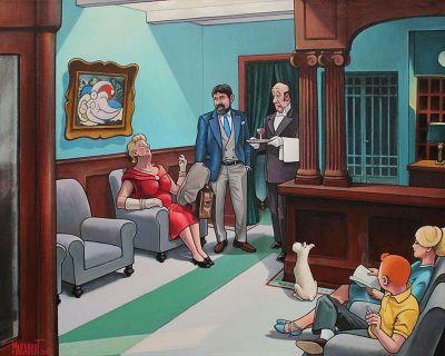 art oil painting reproduction of  Tintin Hopper Hotel Lobby Par Xavier Marabout museum quality handmade