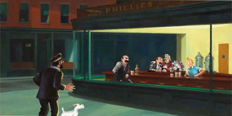 Tintin Hopper Nighthawks Oiseaux De Nuit - Le Capitaine Haddock Et Les Duponts Par Xavier Marabout museum quality
