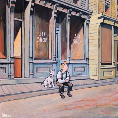 art oil painting reproduction of  Tintin Hopper Sunday Dimanche Par Xavier Marabout museum quality handmade
