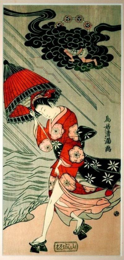 art oil painting reproduction of  Torii Kiyomitsu I Woman With An Umbrella In A Storm museum quality handmade