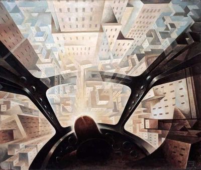 art oil painting reproduction of  Tullio Crali Incuneandosi Nell Abitato - Plunging Into The City - 1938 museum quality handmade