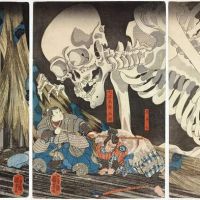 Utagawa Kuniyoshi Triptych Depicting Takiyasha Who Summons The Giant Skeleton To Attack Mitsukuni