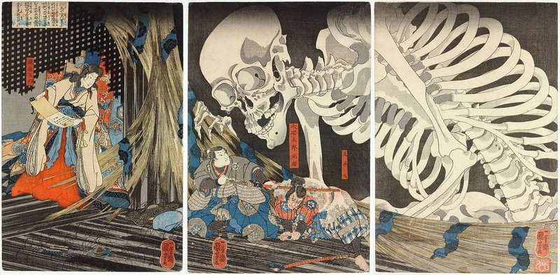 Utagawa Kuniyoshi Triptych Depicting Takiyasha Who Summons The Giant Skeleton To Attack Mitsukuni museum quality