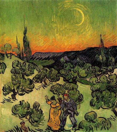 art oil painting reproduction of  Van Gogh Landscape With Couple Walking And Crescent Moon museum quality handmade