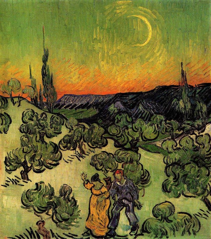 Van Gogh Landscape With Couple Walking And Crescent Moon museum quality