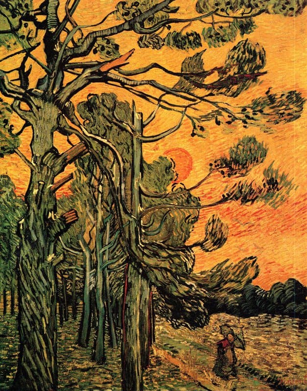 Van Gogh Pine Trees Against A Red Sky With Setting Sun museum quality