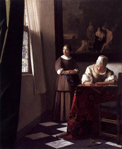 art oil painting reproduction of  Vermeer Lady Writing A Letter With Her Maid museum quality handmade