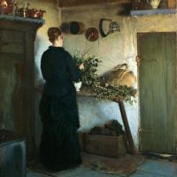 Viggo Johansen Kitchen Interior - The Artist Wife Arranging Flowers - 1884