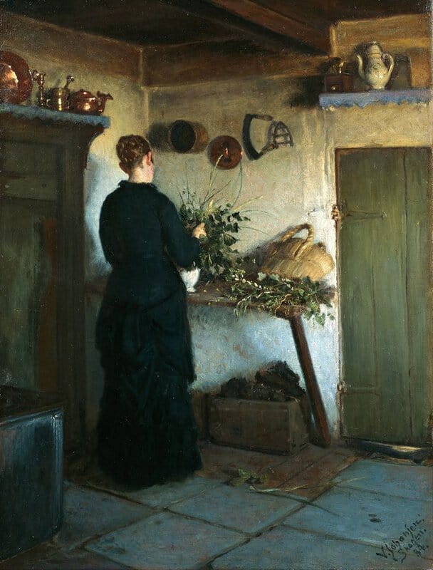 Viggo Johansen Kitchen Interior - The Artist Wife Arranging Flowers - 1884 museum quality