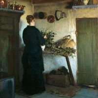 Viggo Johansen Kitchen Interior - The Artist Wife Arranging Flowers - 1884 Hand Painted Reproduction