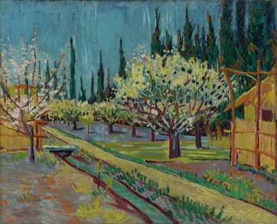art oil painting reproduction of  Vincent Van Gogh Orchard Bordered By Cypresses 1888 museum quality handmade