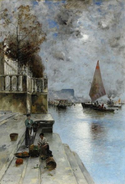 art oil painting reproduction of  Wilhelm Von Gegerfelt Venetian Quay In The Moonlight 1882 museum quality handmade