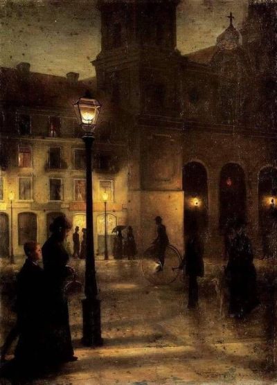 art oil painting reproduction of  Wincenty Trojanowski Maximilianplatz In Munich At Night 1890 museum quality handmade
