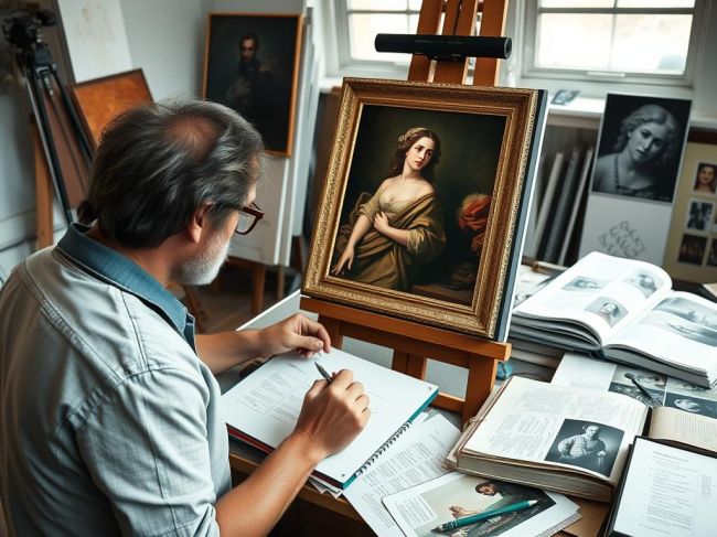 Artist studying original artwork for master copy art creation
