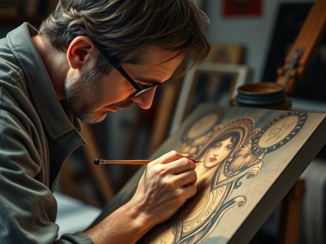 Artist working on detailed elements of a master copy art