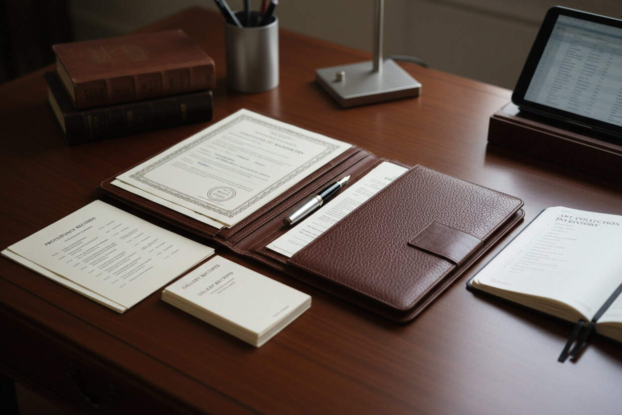 Art investment portfolio documentation with gallery certificates