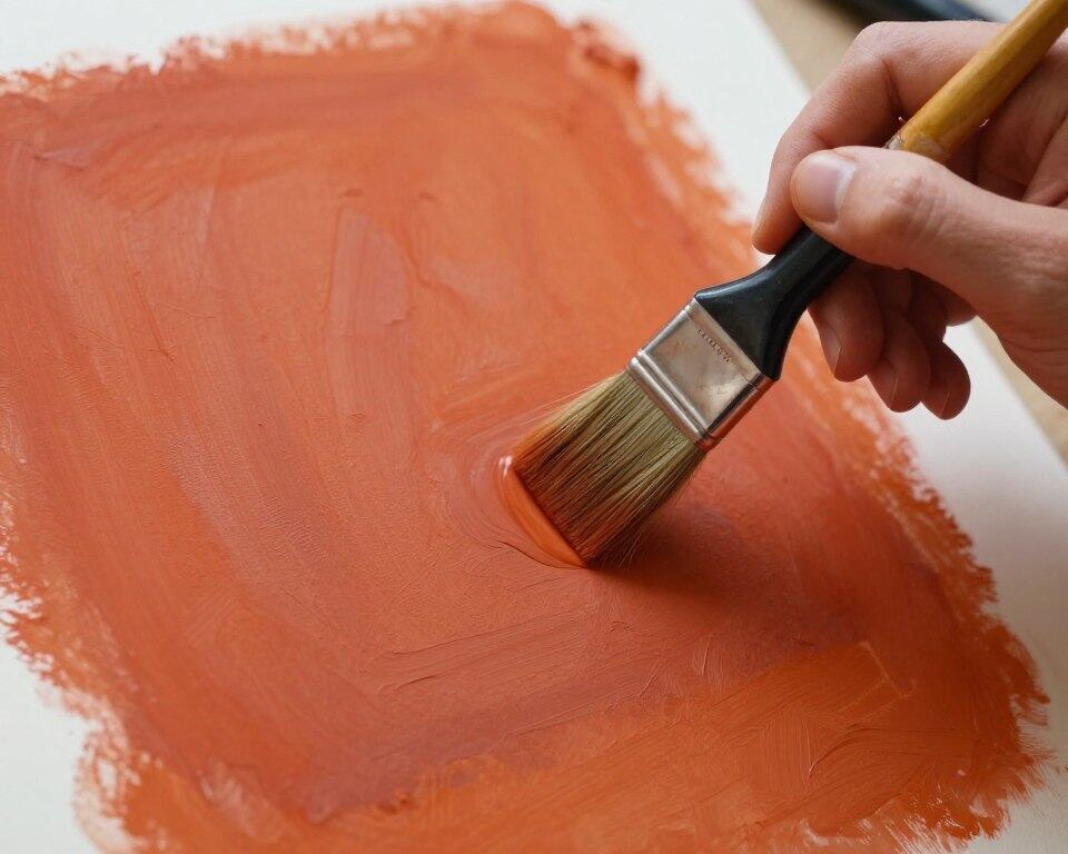 Artist applying soft-edged color field technique with wide brush