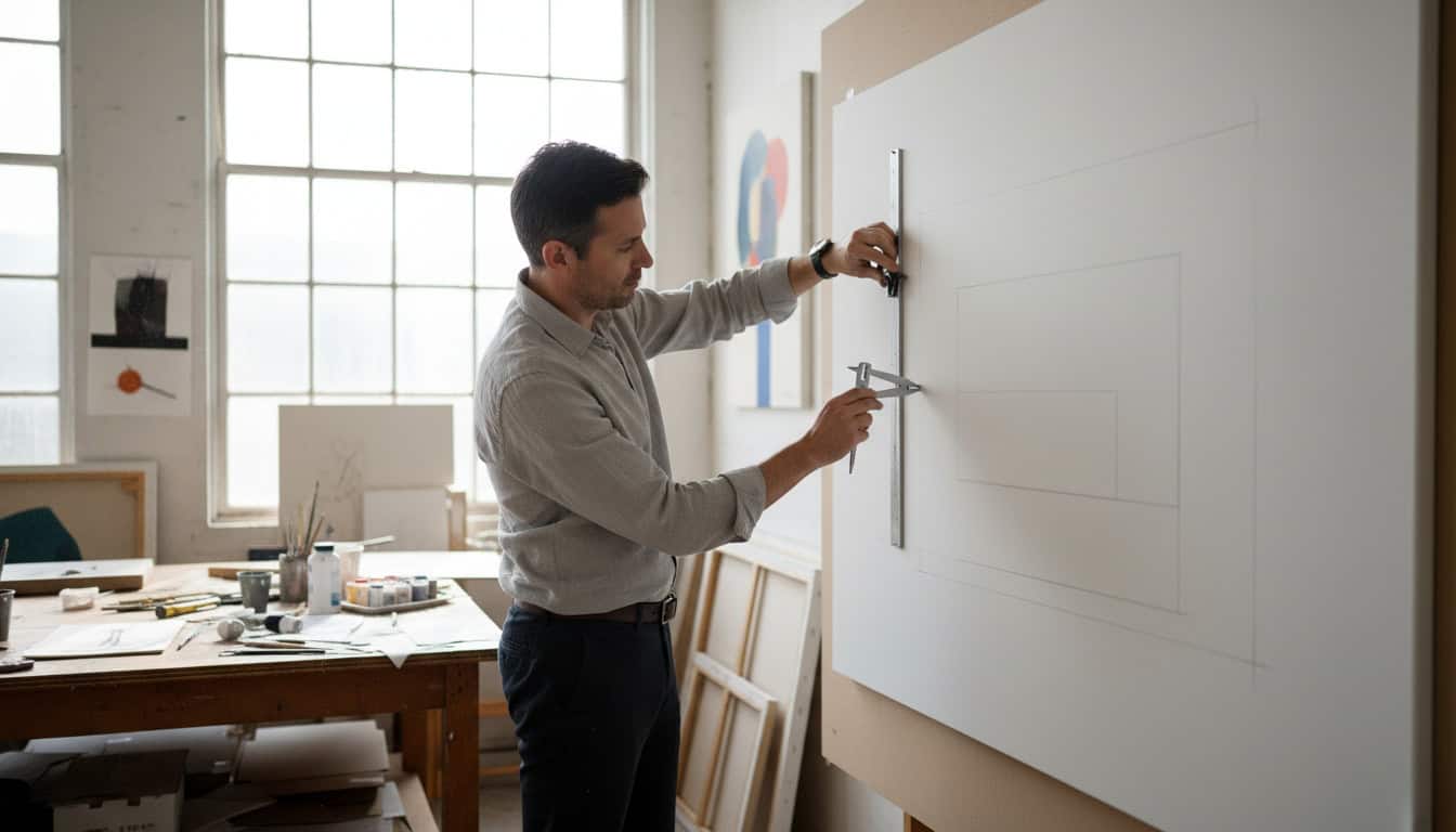 Artist measuring and mapping canvas proportions with precision tools