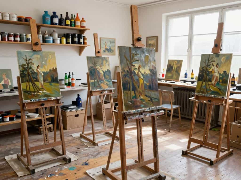 Artist's atelier with oil paintings in progress on easels
